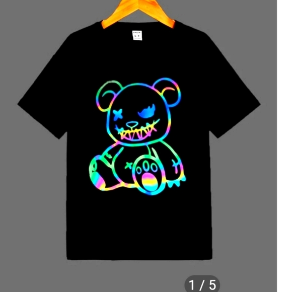 Reflective teddy bear t-shirt. Black with reflective quality in lighting. New! - Picture 2 of 4